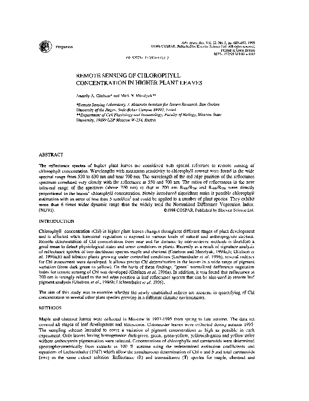 (PDF) Remote sensing of chlorophyll concentration in higher plant leaves