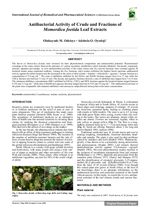 Antibacterial Activity of Crude and Fractions of Momordica foetida Leaf ...