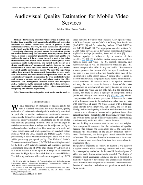 (PDF) Audiovisual quality estimation for mobile video services