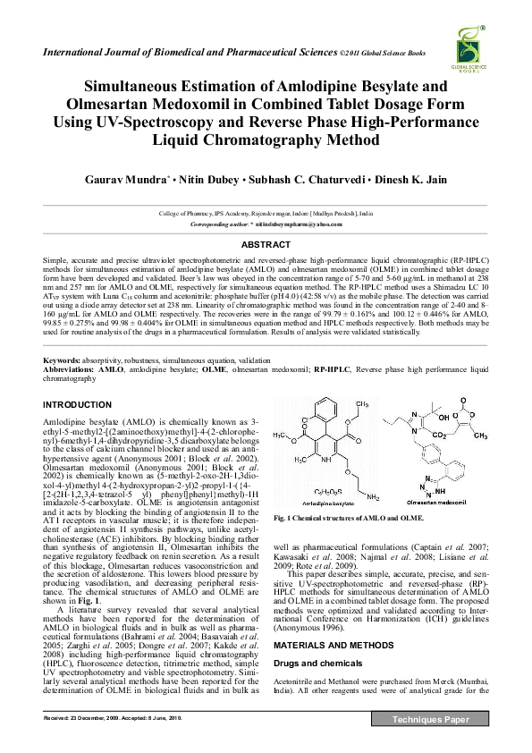Simultaneous Estimation of Amlodipine Besylate and Olmesartan Medoxomil ...