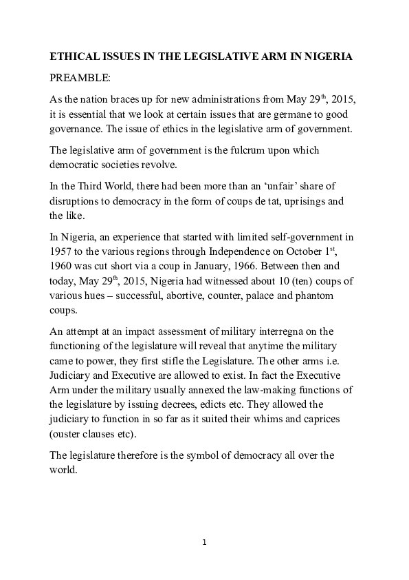 (DOC) ETHICAL ISSUES IN THE LEGISLATIVE ARM IN NIGERIA Kehinde J P