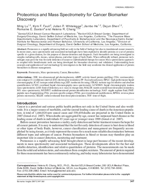 (PDF) Proteomics and mass spectrometry for cancer biomarker discovery