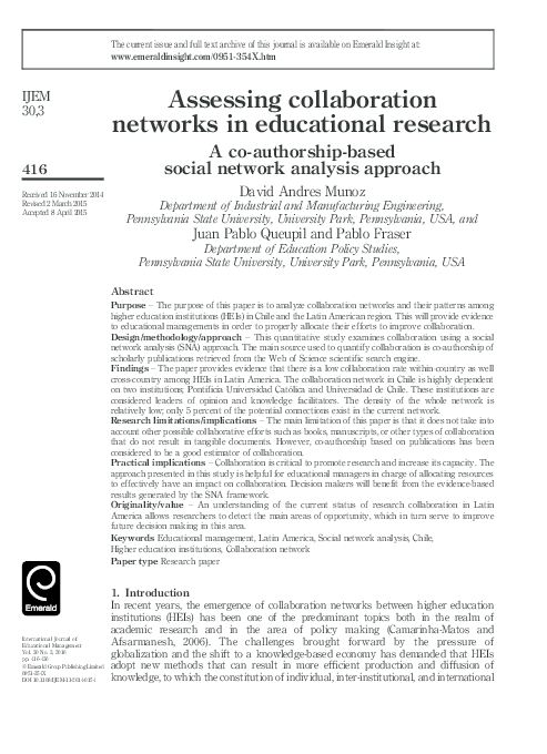 (PDF) Assessing collaboration networks in educational research A co ...