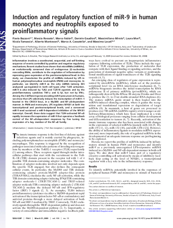 (PDF) Induction and regulatory function of miR-9 in human monocytes and ...