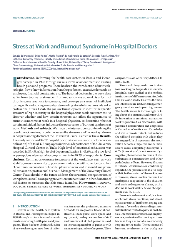 (PDF) Stress at Work and Burnout Syndrome in Hospital Doctors