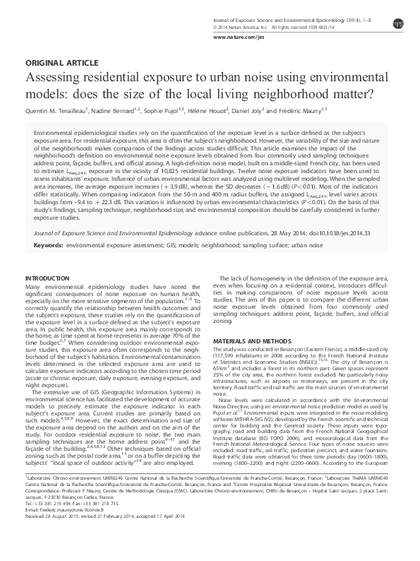 (PDF) Assessing residential exposure to urban noise using environmental