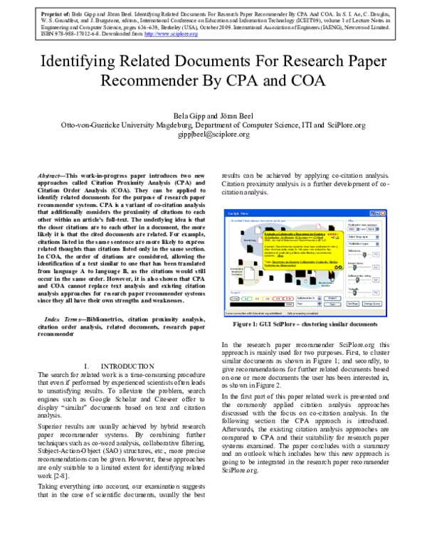 (PDF) Identifying related Documents for Research Paper Recommender by ...