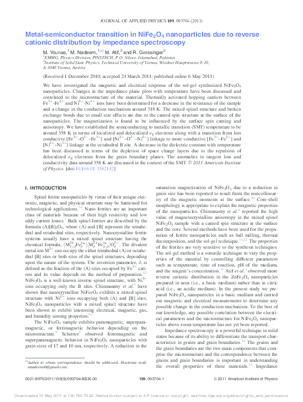 (PDF) Metalsemiconductor transition in NiFe2O4 nanoparticles due to