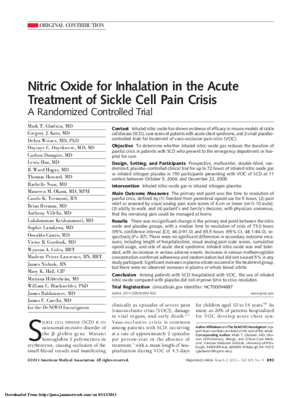 (PDF) Nitric Oxide for Inhalation in the Acute Treatment of Sickle Cell