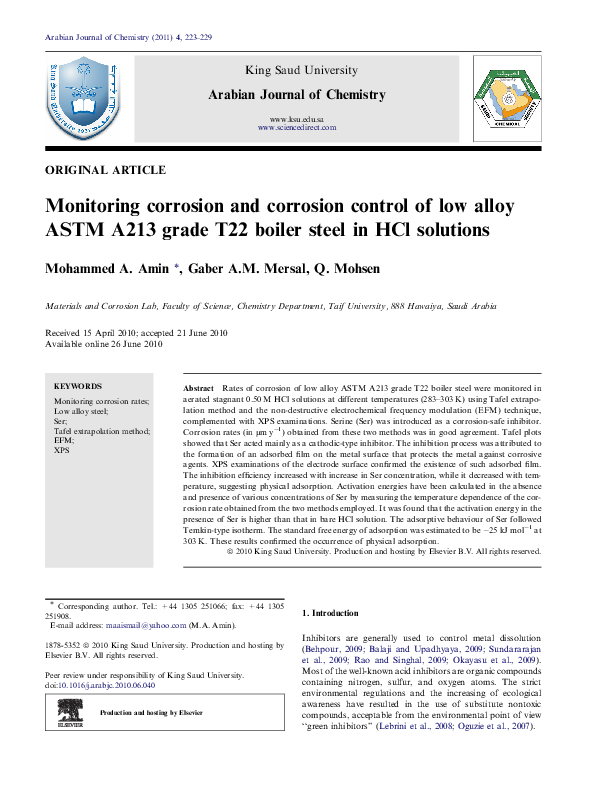 (PDF) Monitoring corrosion and corrosion control of iron in HCl by non
