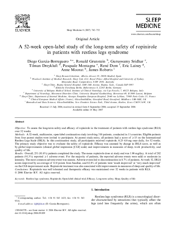 (PDF) Ropinirole is effective in the treatment of restless legs