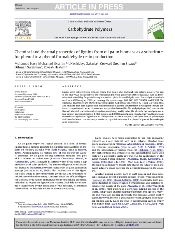 (PDF) Chemical and thermal properties of lignins from oil palm biomass ...