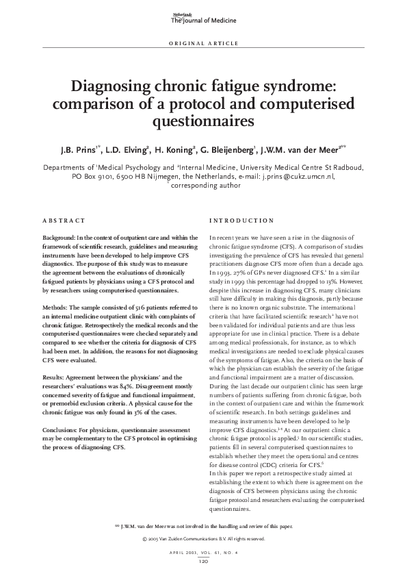 (PDF) Diagnosing chronic fatigue syndrome: Comparison of a protocol and ...