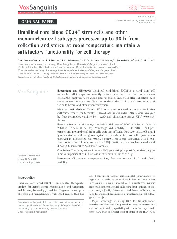 (PDF) Umbilical cord blood CD34(+) stem cells and other mononuclear ...