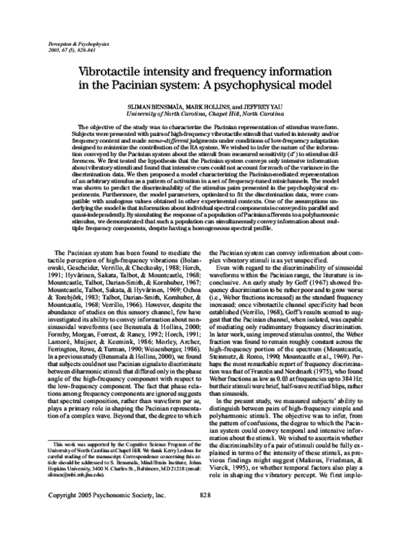 (PDF) Vibrotactile intensity and frequency information in the Pacinian ...