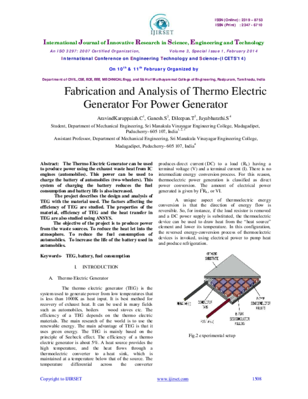 (PDF) Fabrication and Analysis of Thermo Electric Generator For Power