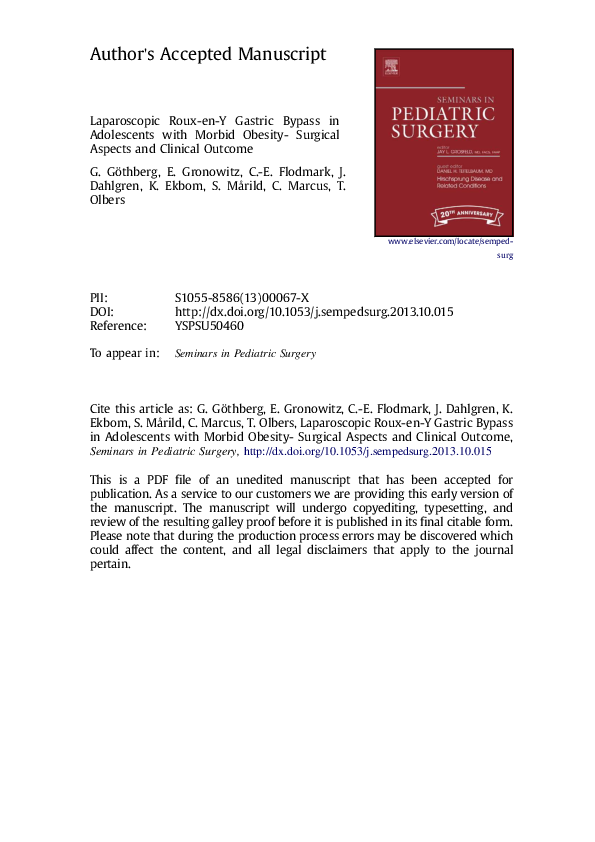 (PDF) Laparoscopic Roux-en-Y gastric bypass in adolescents with morbid ...