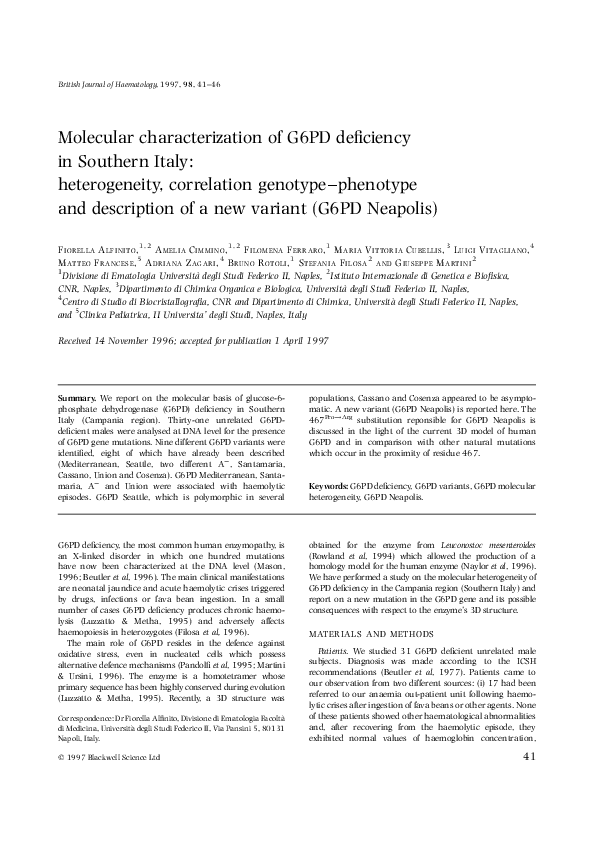 (PDF) Molecular characterization of G6PD deficiency in Southern Italy