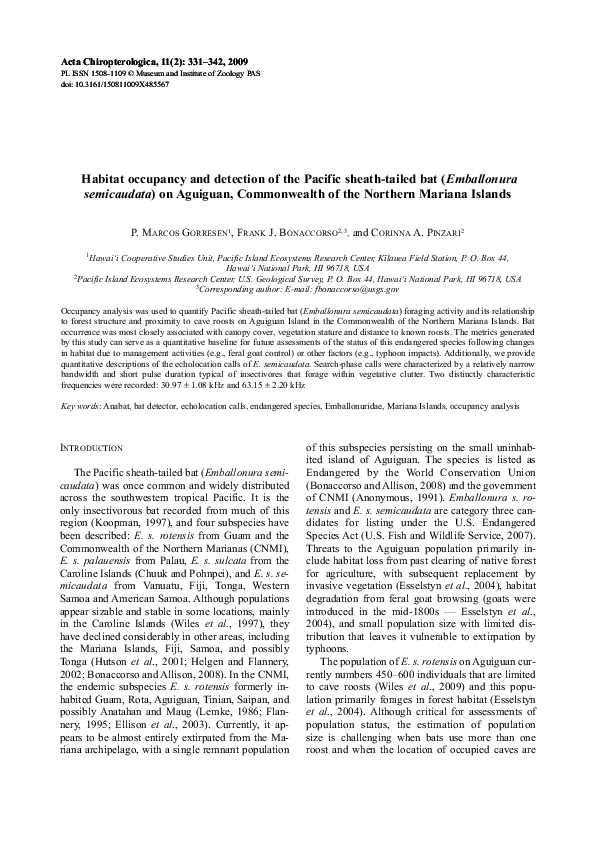 (PDF) Habitat Occupancy and Detection of the Pacific SheathTailed Bat