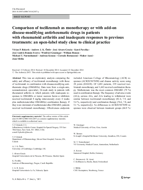 (PDF) Comparison of tocilizumab as monotherapy or with add-on disease ...