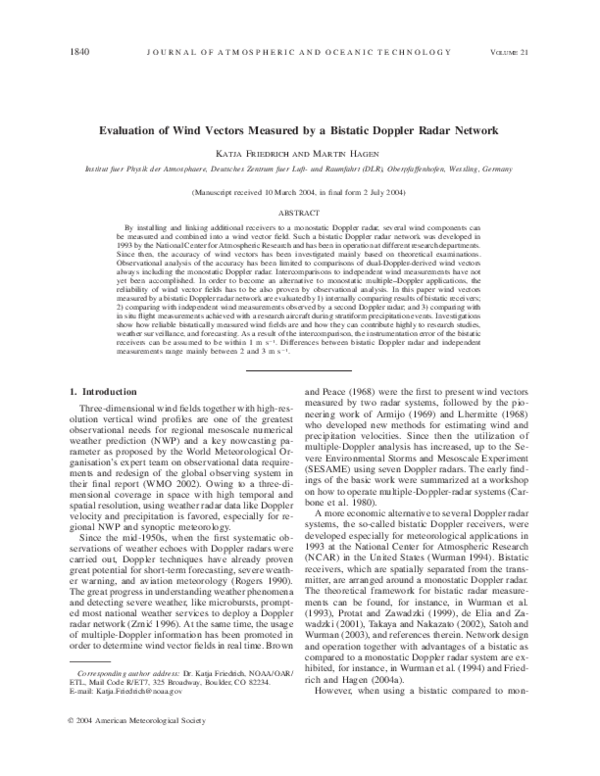 (PDF) Evaluation of Wind Vectors Measured by a Bistatic Doppler Radar ...