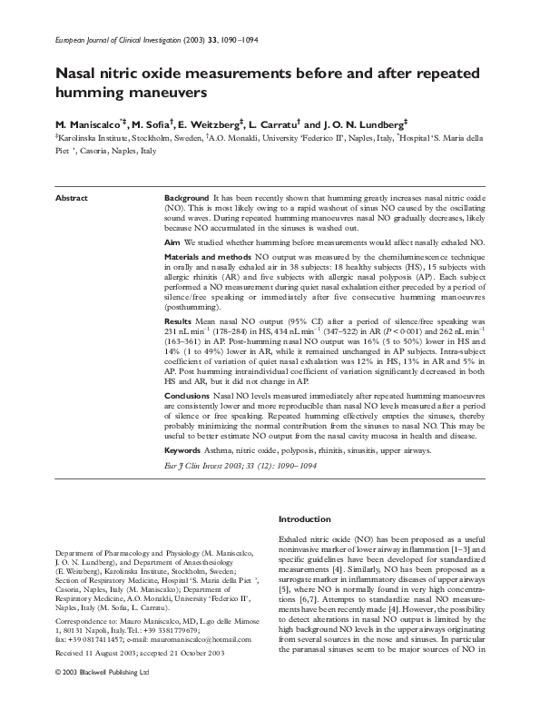 (PDF) Nasal nitric oxide measurements before and after repeated humming