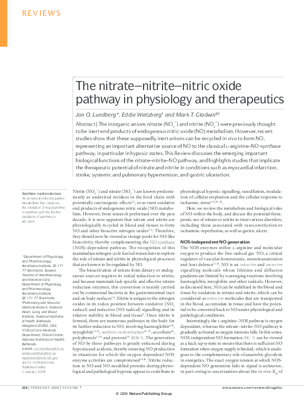 (PDF) The nitrate–nitrite–nitric oxide pathway in physiology and ...