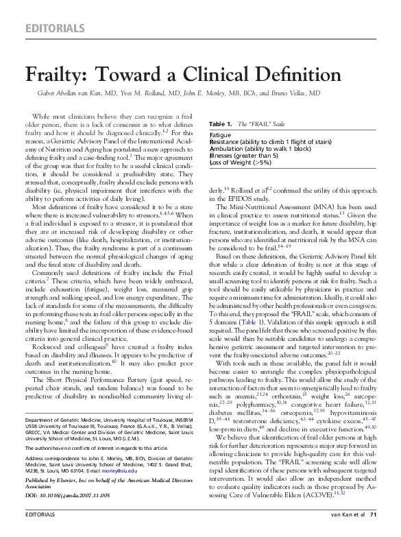 (PDF) Frailty: Toward a Clinical Definition