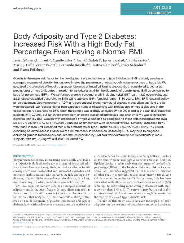 (PDF) Body Adiposity and Type 2 Diabetes: Increased Risk With a High ...