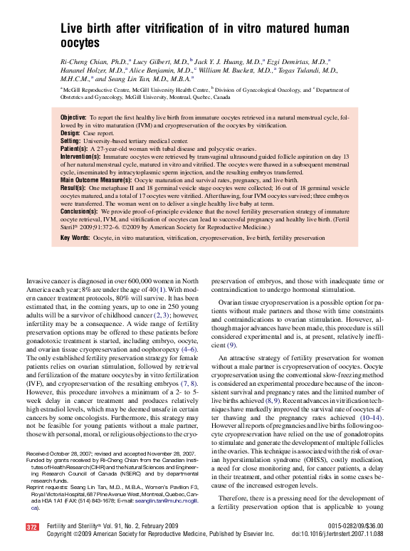 (PDF) Live birth after vitrification of in vitro matured human oocytes