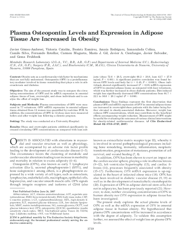 (PDF) Plasma Osteopontin Levels and Expression in Adipose Tissue Are ...