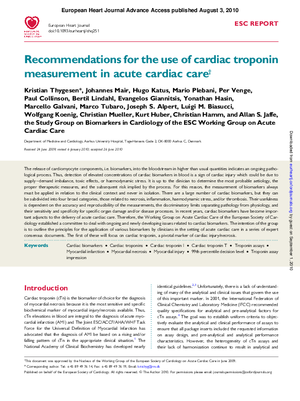 (PDF) Recommendations for the use of cardiac troponin measurement in ...