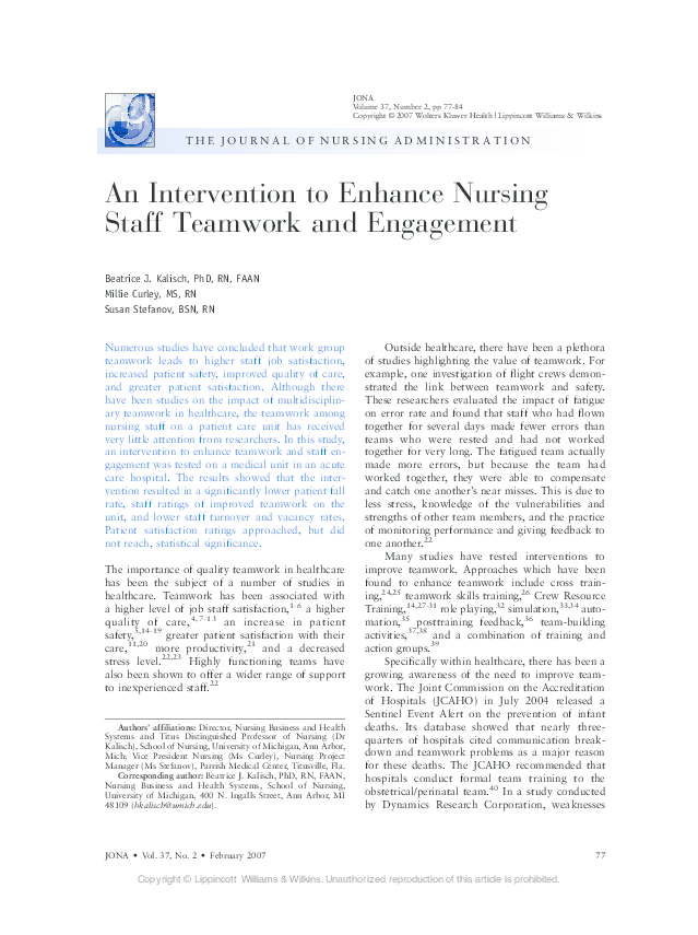 (PDF) An Intervention to Enhance Nursing Staff Teamwork and Engagement