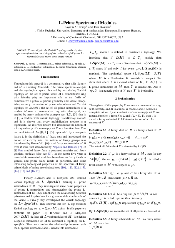 (PDF) L-Prime Spectrum of Modules