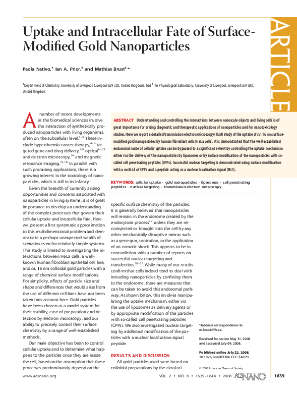 (PDF) Uptake and Intracellular Fate of Surface-Modified Gold Nanoparticles