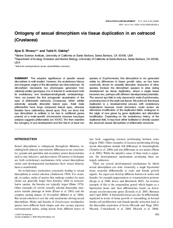 (PDF) Ontogeny of sexual dimorphism via tissue duplication in an ...