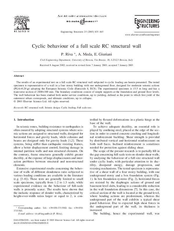 (PDF) Cyclic behaviour of a full scale RC structural wall