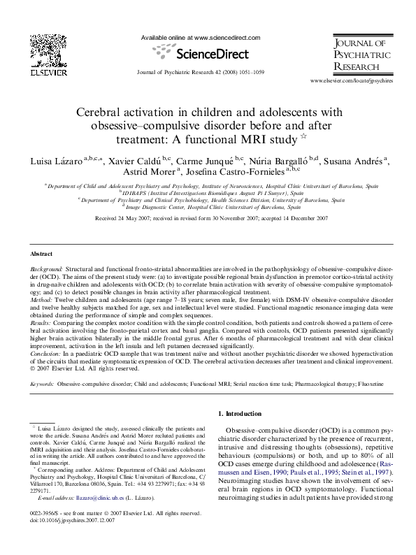 (PDF) Cerebral activation in children and adolescents with obsessive ...