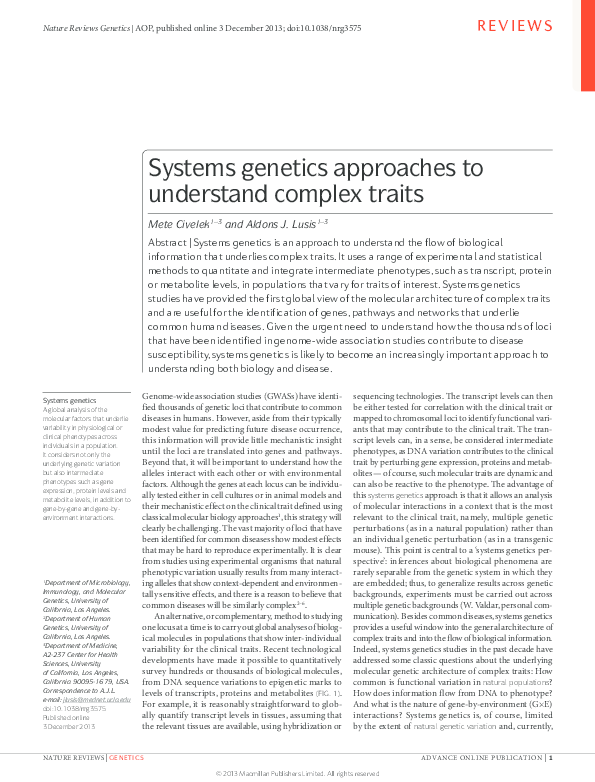 (PDF) Systems approaches to understand complex traits Aldons