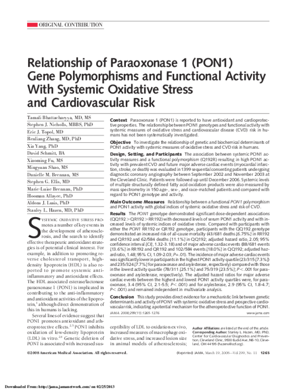 (PDF) Relationship of Paraoxonase 1 (PON1) Gene Polymorphisms and ...