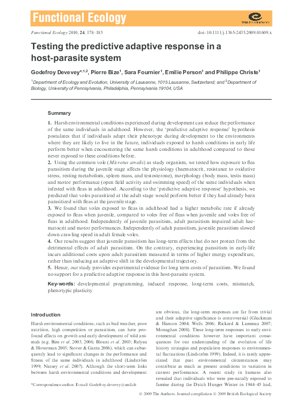 (PDF) Testing the predictive adaptive response in a host-parasite system