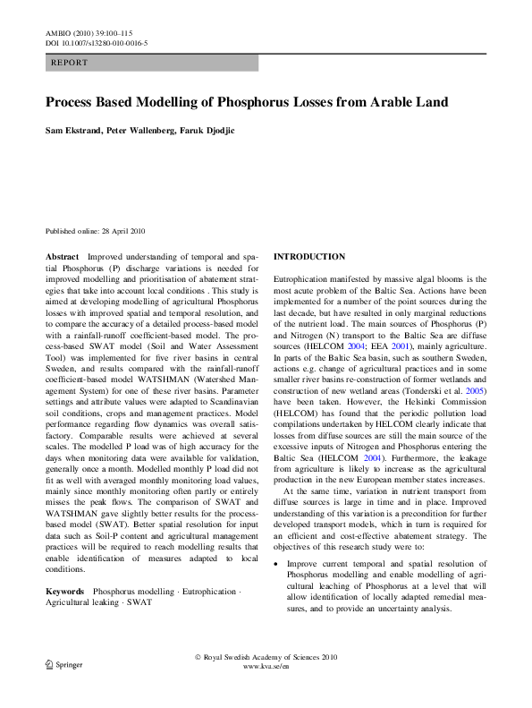 (PDF) Process Based Modelling of Phosphorus Losses from Arable Land