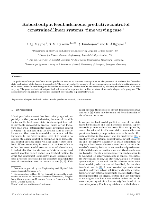 (PDF) Robust output feedback model predictive control of constrained ...