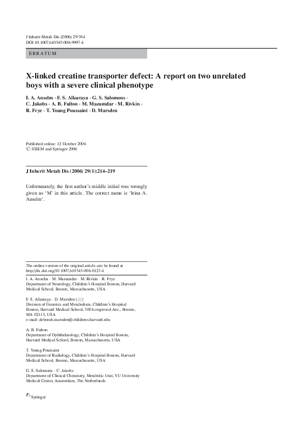 (PDF) X-linked creatine transporter defect: A report on two unrelated ...