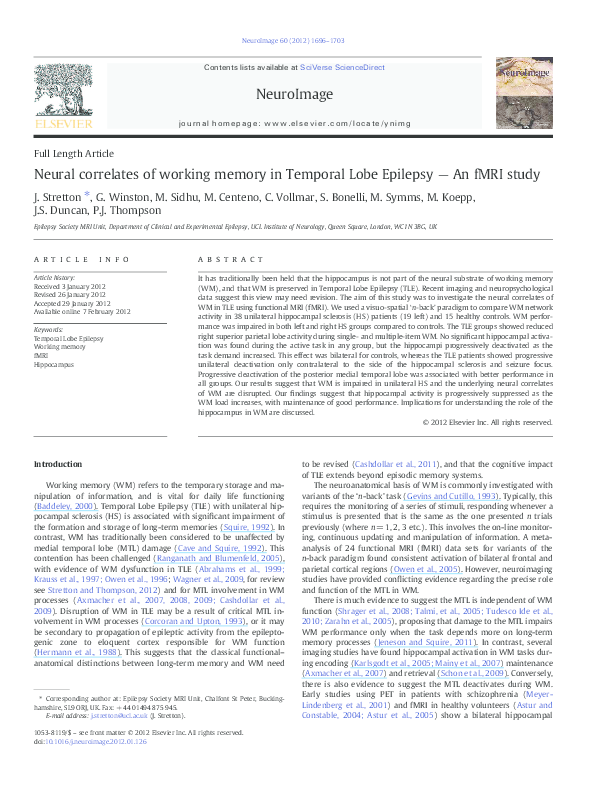 (PDF) Neural correlates of working memory in Temporal Lobe Epilepsy ...