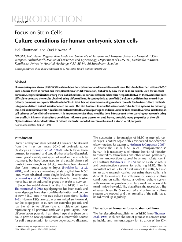 (PDF) Culture conditions for human embryonic stem cells