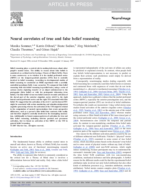 (PDF) Neural correlates of true and false belief reasoning