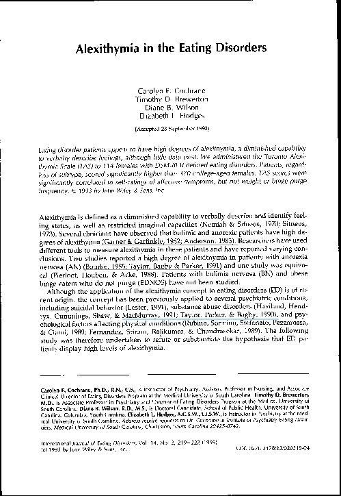 (PDF) Alexithymia in the eating disorders