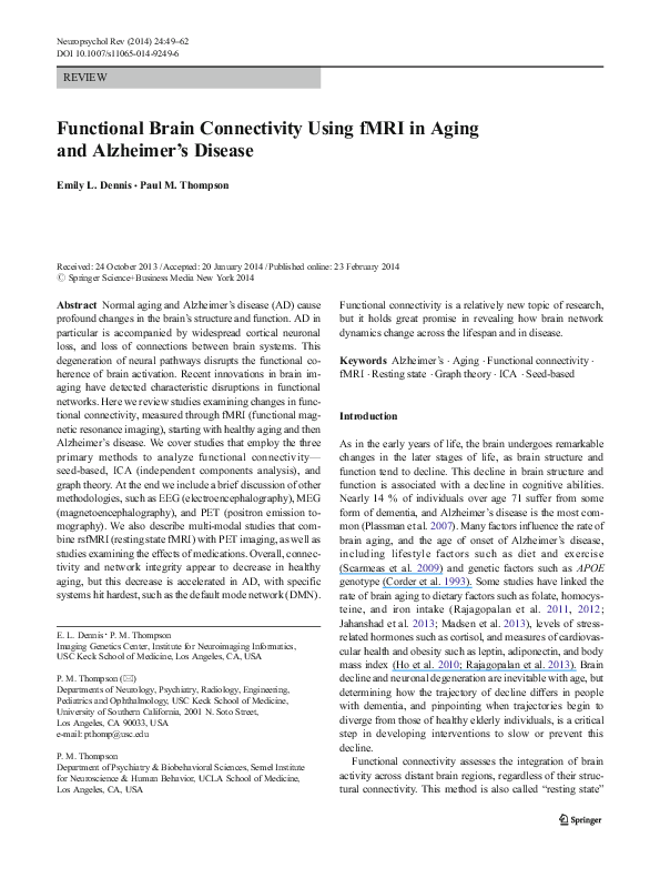 (PDF) Functional Brain Connectivity Using fMRI in Aging and Alzheimer’s ...