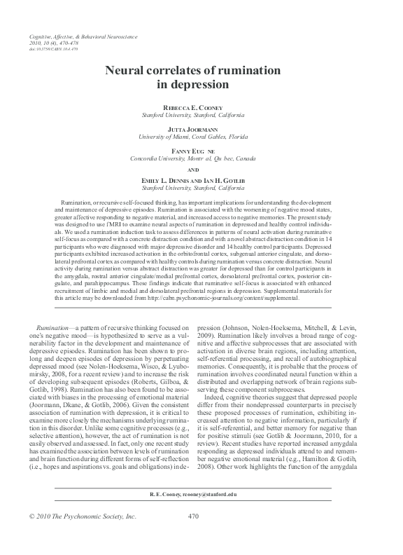 (PDF) Neural correlates of rumination in depression Emily Dennis and